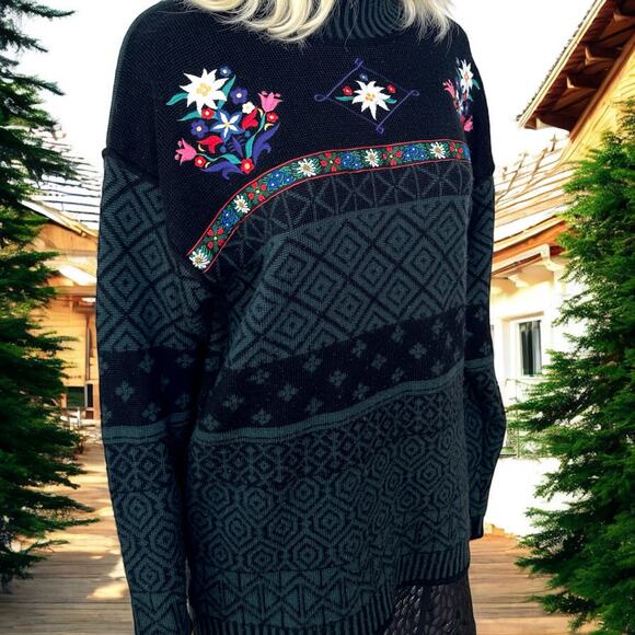 Vintage Obermeyer Floral Fair Isle Wool Ski Sweater Mock Neck Medium - Picture 3 of 8